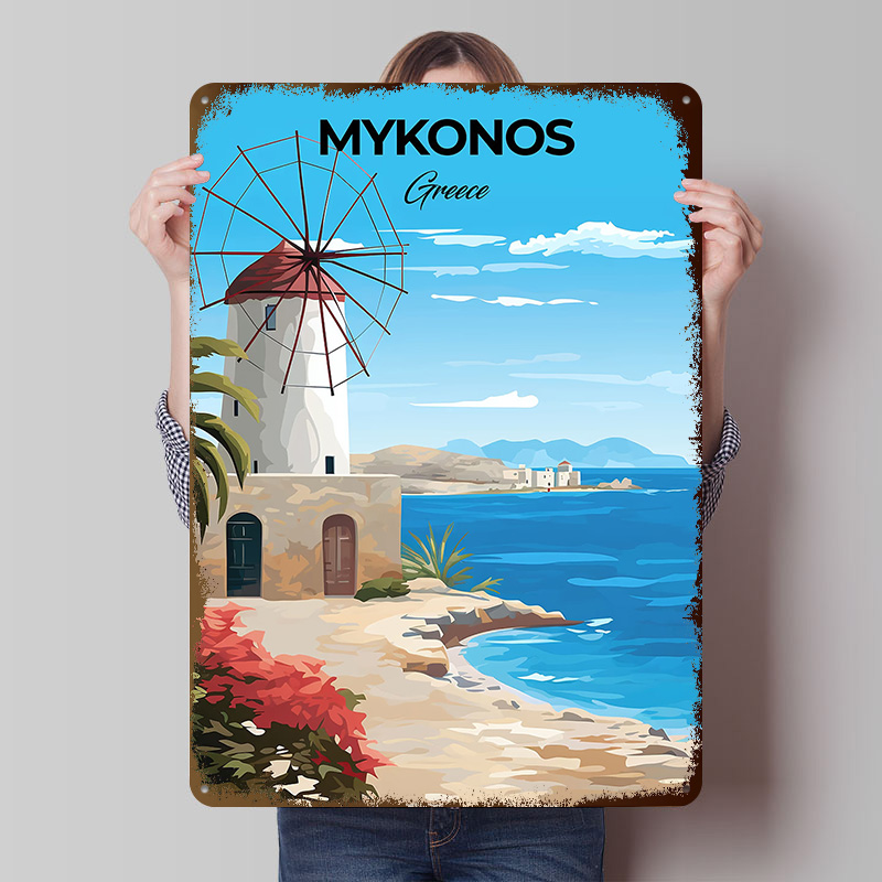Travel Accessories Greece - Mykonos Griechenland Reiseplakat, personalisierte Vintage-Metallschilder, Wandkunst,